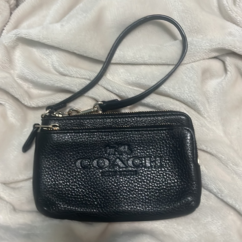COACH Black Leather Wristlet, two pockets, side zip & card slots - Like New!